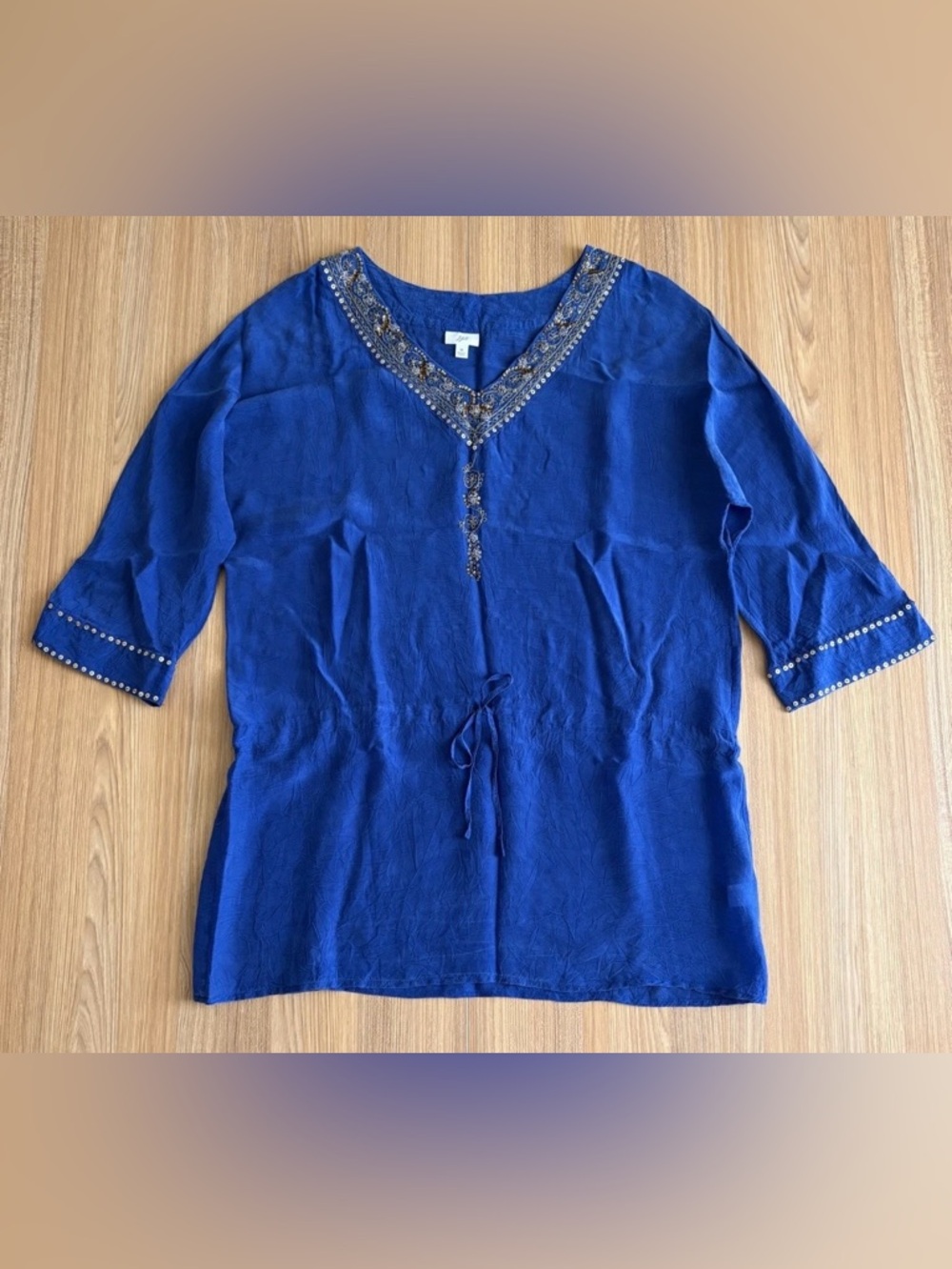 J Jill Sequin Embellished Crinkle Tunic Top M Blue Luxe Exotic Gypsy Resort Boho